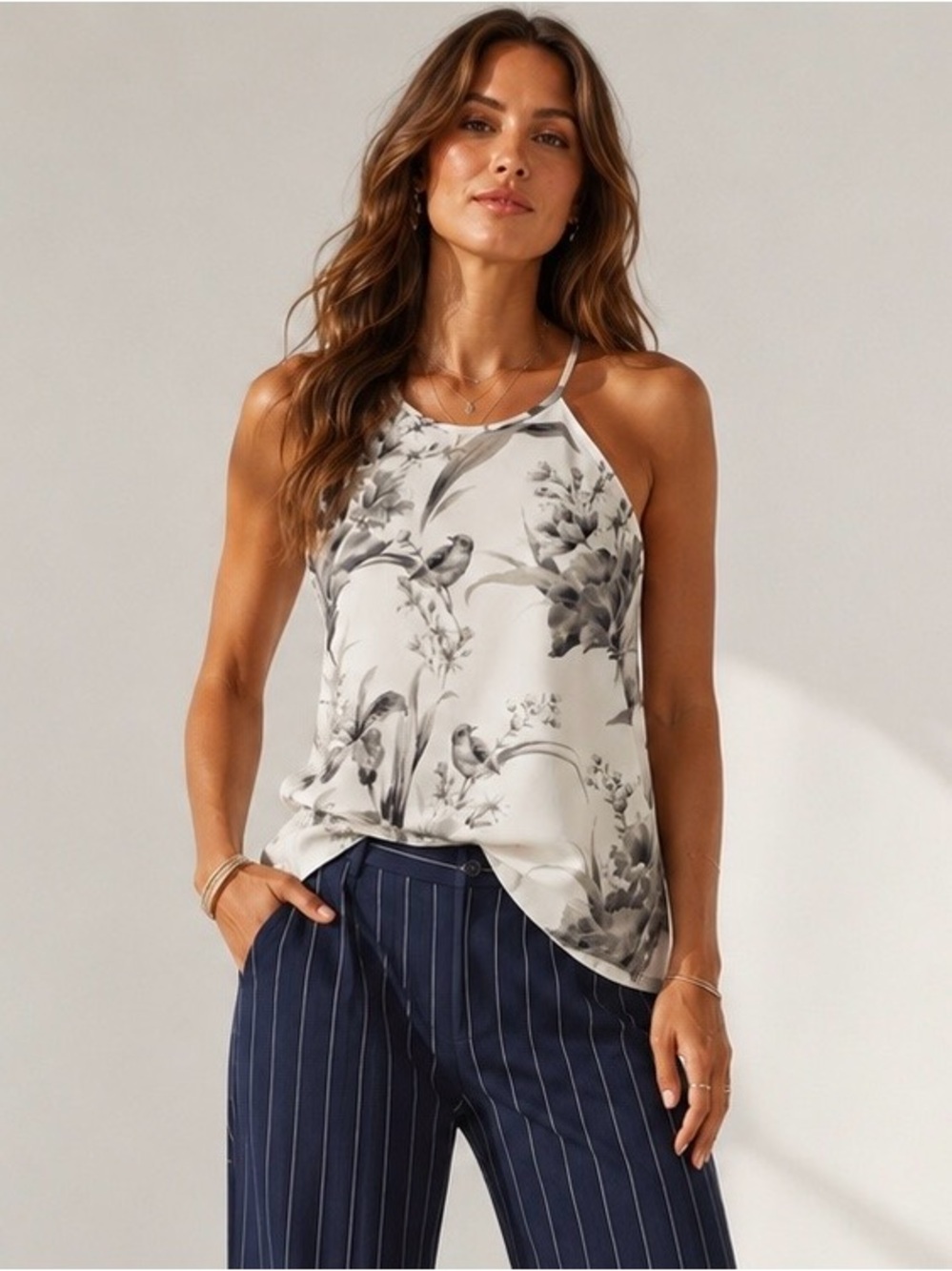 LOFT Petite Floral Bird Halter Tank Top XS Petite Black White Sleeveless